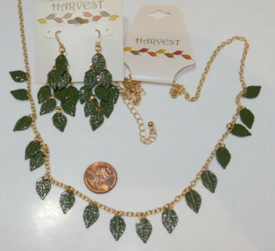 NWT Harvest Autumn theme Leaf Leaves Green Enamel Earrings Chain Necklace  B3 - Изображение 1 из 3
