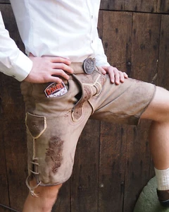 kurze Lederhose braun mit Gürtel Wildbock antik sand look belt Leder Neu - Bild 1 von 7