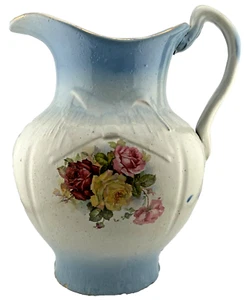 VTG Antique Blue & White Stoneware Pitcher Brush McCoy Pottery, Floral Rose 12"T - Picture 1 of 18