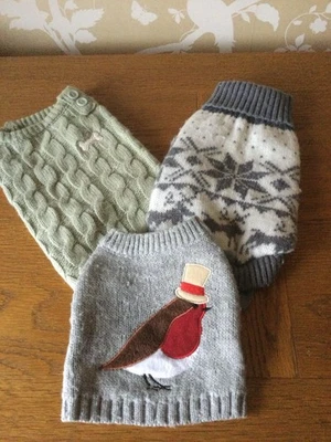 BUNDLE  OF THREE DOG JUMPERS TWO ARE  CHRISTMAS THEMED FOR TINY DOG OR PUPPY - Image 1 of 4
