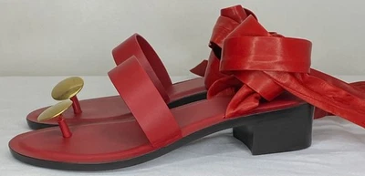 The Row Womens Band Sandals Red Size 7 Leather Low Block Heel Ankle Wrap Tie - Image 1 of 4