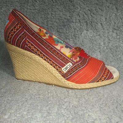 Tom's Wedge Lina Alpargatas Punta abierta Rojo Multicolor Talla 7 Tacones Zapatos Foto 1 de 4