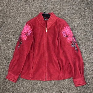 Bob Mackie Wearable Art Red Fleece Full Zip Embroidered Floral Size Medium - Picture 1 of 4
