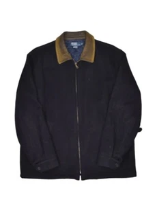 Polo Ralph Lauren Wool Jacket Mens L Black Full Zip Leather Collar Quilt Lined - Picture 1 of 10