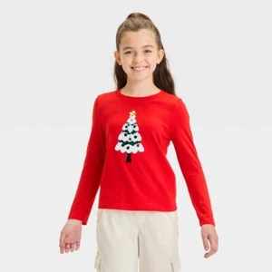 Girls' Long Sleeve Flip Sequin 'Christmas Tree' T-Shirt - Cat & Jack™ Red XS - Picture 1 of 1