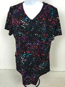 ScrubStar Womens Scrub Top Size S Black w Pink Blue Purple Dots V neck Pockets - Picture 1 of 14
