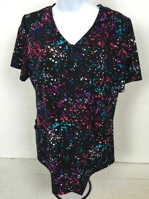 ScrubStar Womens Scrub Top Size S Black w Pink Blue Purple Dots V neck Pockets - Image 1 of 4