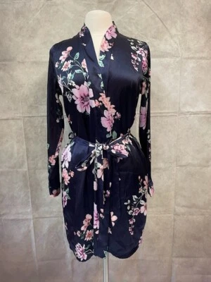 Apt.9 Intimates Ladies Pink Floral Black Long Sleeve Robe Belted Size S - Image 1 of 4