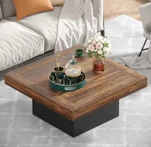 Wood Top Marble Bottom Rustic Coffee Table with LED Lights For Living Room - Picture 1 of 5