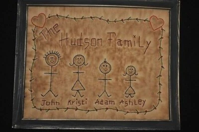 Primitive **PERSONALIZED STICK FAMILY** Stitchery black frame 11 3/4" x 9 1/2"  - Image 1 of 2