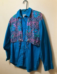 Camicia Azteca Vintage Wrangler Autentica Western Abbigliamento Donna Blu Floreale XL - Foto 1 di 5