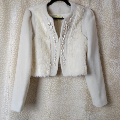 Almost Famous Womens White Faux Fur Trim Cropped Jacket Coat Embellished Size 12 - Image 1 of 4