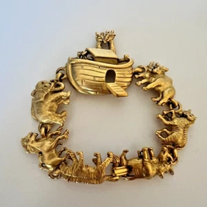 AJC Vintage Noah's Ark Bracelet Brushed Gold Animals Signed NOS 1980s Noahs 6.5" - Picture 1 of 16