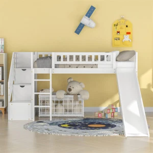 Twin Size Wood Loft Bed with Two Drawers and Slide for Kids Teen -White - Picture 1 of 15