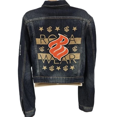 Rocawear Jacket Womens XL Blue Denim Studded Skull Patch Cropped Rock Star Style - Image 1 of 4