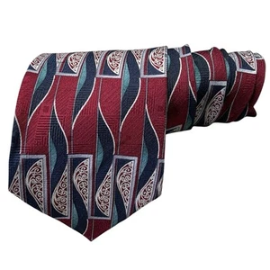 Vintage Surrey Necktie Silk Geometric Paisley Burgundy Blue Teal Handmade USA - Picture 1 of 3