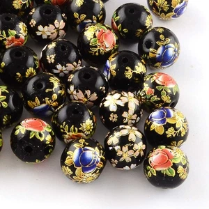 PH PandaHall 20Pcs 12mm Flower Pattern Glass Round Beads Colored Drawing Flow... - Picture 1 of 7