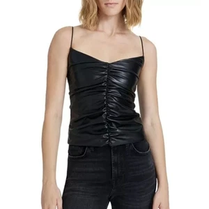 7 for all mankind Black Faux Leather Ruched Cami Size XS Vegan Biker Chic Rocker - Picture 1 of 14