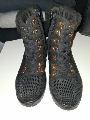 Dazzling Black Rhinestone Combat Boots with Rose Gold Hardware - Image 1 of 4