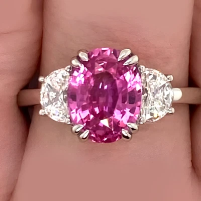 Pink Sapphire Diamond Engagement Ring Lab Grown 3.80 Ct Oval Cut  18K White Gold - Image 1 of 4