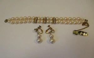 Vintage Miriam Haskell Pearl Rhinestone Bracelet Earring Set Original Tag - Picture 1 of 11