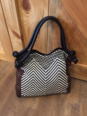 Bolso de Mano Merona Tejido Espiga TriColor Negro Blanco Marrón Cartera Cuero Vegano Foto 1 de 4