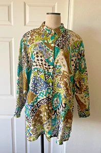 Chicos Multicolor 100% Linen Ethnic Print Long Sleeve Tunic Shirt - 3 - XL - 16 - Picture 1 of 7