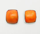 Fun modern square sterling silver and coral signed clip on earrings
