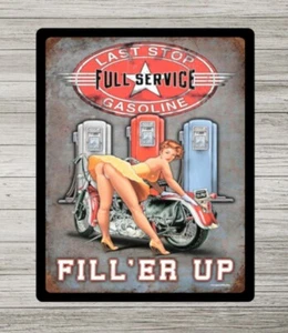 Vintage Fill Er Up Metal Sign, Retro Pin Up Girl sign, Motorcycle Plaque - Picture 1 of 1