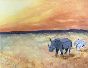 Original Acrylic Rhino Painting At Sunset In South Africa - Picture 1 of 1