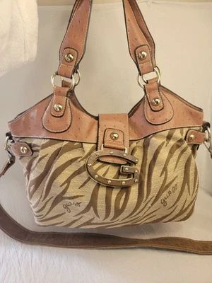 Vintage Y2K Guess Mini Bowler Bag Faux Ostrich Zebra Print Studded Satchel - Image 1 of 4