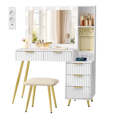 Schminktisch mit Schminkhocker, Frisiertisch mit Spiegel, Schubladen - Bild 1 von 4