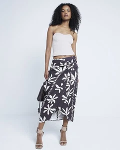 River Island Womens Brown Polyester Floral Midi Wrap Skirt Size 16 - Picture 1 of 11