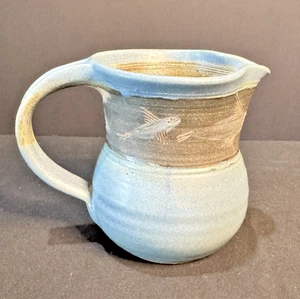 Vintage Studio Art Pottery Pitcher Blue w/ Fish Signed Marty Phinney 5" Tall - Picture 1 of 5