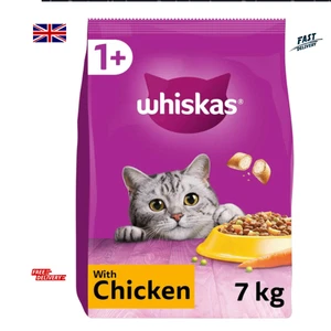 WHISKAS-1+ Adult Dry Cat Food-7Kg-Biscuits Made with Chicken-Bulk Cat Food Bag - Picture 1 of 10