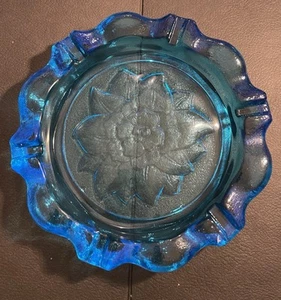 Vintage Tiara Indiana Blue Pressed Glass Lotus Flower Ashtray Large 9.5" Heavy - Picture 1 of 7