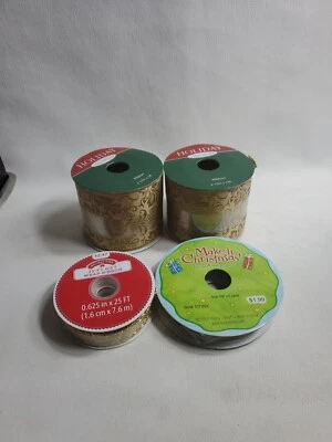 (4) Decorative Craft Ribbon Gift Wrap Holiday Time Gold 25ft & 2-12ft & 5yrd New - Image 1 of 4