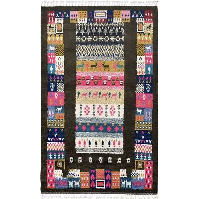 Alfombra tribal geométrica marroquí Gabbeh alfombra oriental de lana anudada a mano 5x8 Foto 1 de 4