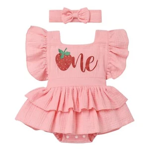 Baby Girl 1st Birthday Outfit Strawberry Watermelon Romper Dress Headband - Picture 1 of 7