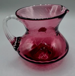 Small Cranberry Pilgrim Glass Pitcher Vintage Hand Blown Art Optic swirl creamer - Picture 1 of 14