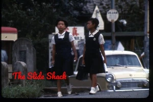 Tokyo Japan two young girls in school uniform on street 1966 35mm film slide - Picture 1 of 1