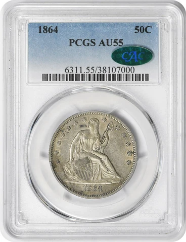 1864 Liberty Seated Silver Half Dollar AU55 PCGS (CAC) Cover