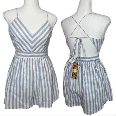 NEW! LF e-lady | Chambray Blue & White Stripe Strappy Open Back Romper 8 - Image 1 of 4