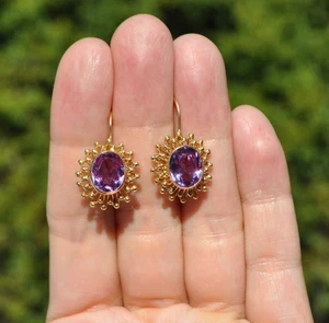 14k Solid Gold Purple Gemstone Drop Earrings - Gold Ray Halo Created Sapphire - Picture 1 of 8