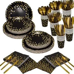 350 Pieces Gold Disposable Party Dinnerware Set &Golden Dot Disposable Party ... - Picture 1 of 7