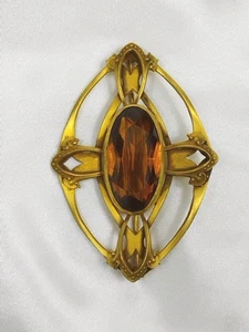 Vtg Art Nouveau Yellow Topaz ? Faceted Glass Large C Clap Oval Pin Brooch - Picture 1 of 8
