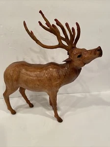 Vintage Leather Wrapped Deer Figure Stag Buck Elk Statue With Antlers 12” x 14” - Picture 1 of 8
