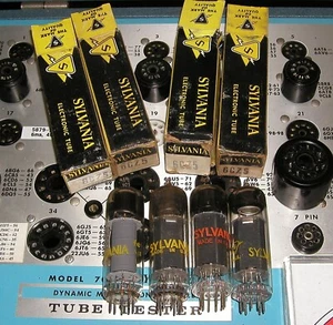 JUKEBOX TUBES 4 nuovi 6973-Sub 6CZ5 NOS NUOVI CON SCATOLA USA Sylvania piastra corrente ABBINATA - Foto 1 di 2