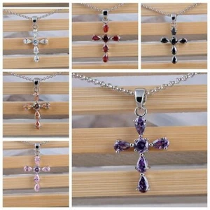 7 Colors Fashion Women Jewelry Unique Cross Crystal Zircon Pendant Necklace AAA - Picture 1 of 16