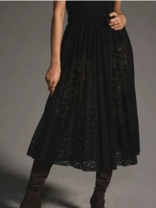 Anthropologie Sheer Lace Pleated Midi Black Skirt Elastic Waist Size Large EUC - Picture 1 of 11
